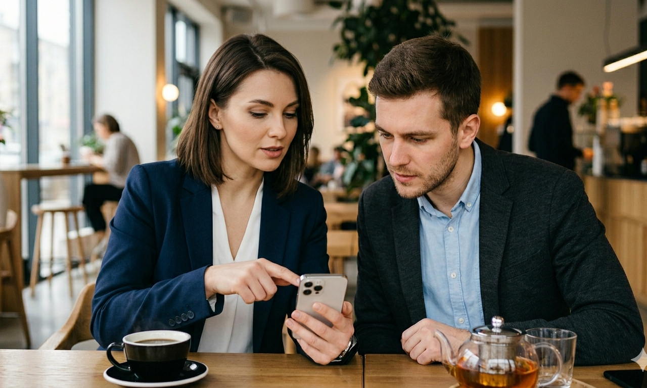 Ein Mann und eine Frau sitzen im Café und blicken gemeinsam auf ein Smartphone in der Hand der Frau. Hinwies: KI-generiertes Bild